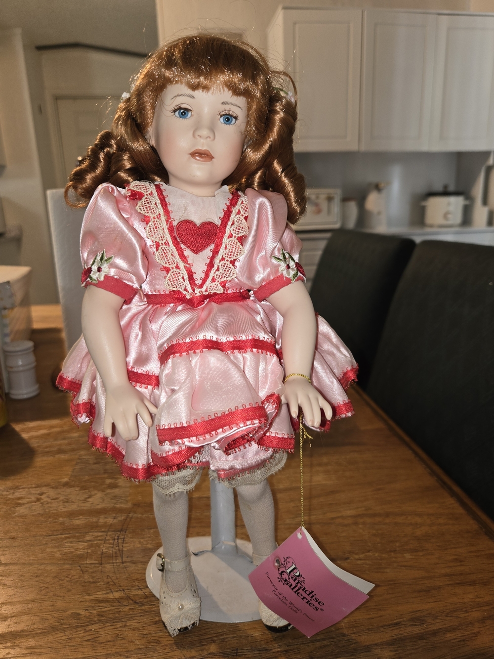 Pink Satin Heart-Detail Porcelain Doll with Lace Trim